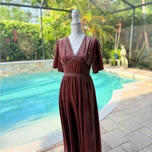 V-Neck Flutter Sleeve Velvet Midi Dress – Size M